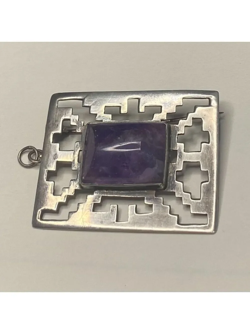 STERLING VTG ABRAHAM TOBIAS GEOMETRIC DESIGN BROOCH & PENDANT W AMETHYST CRYSTAL